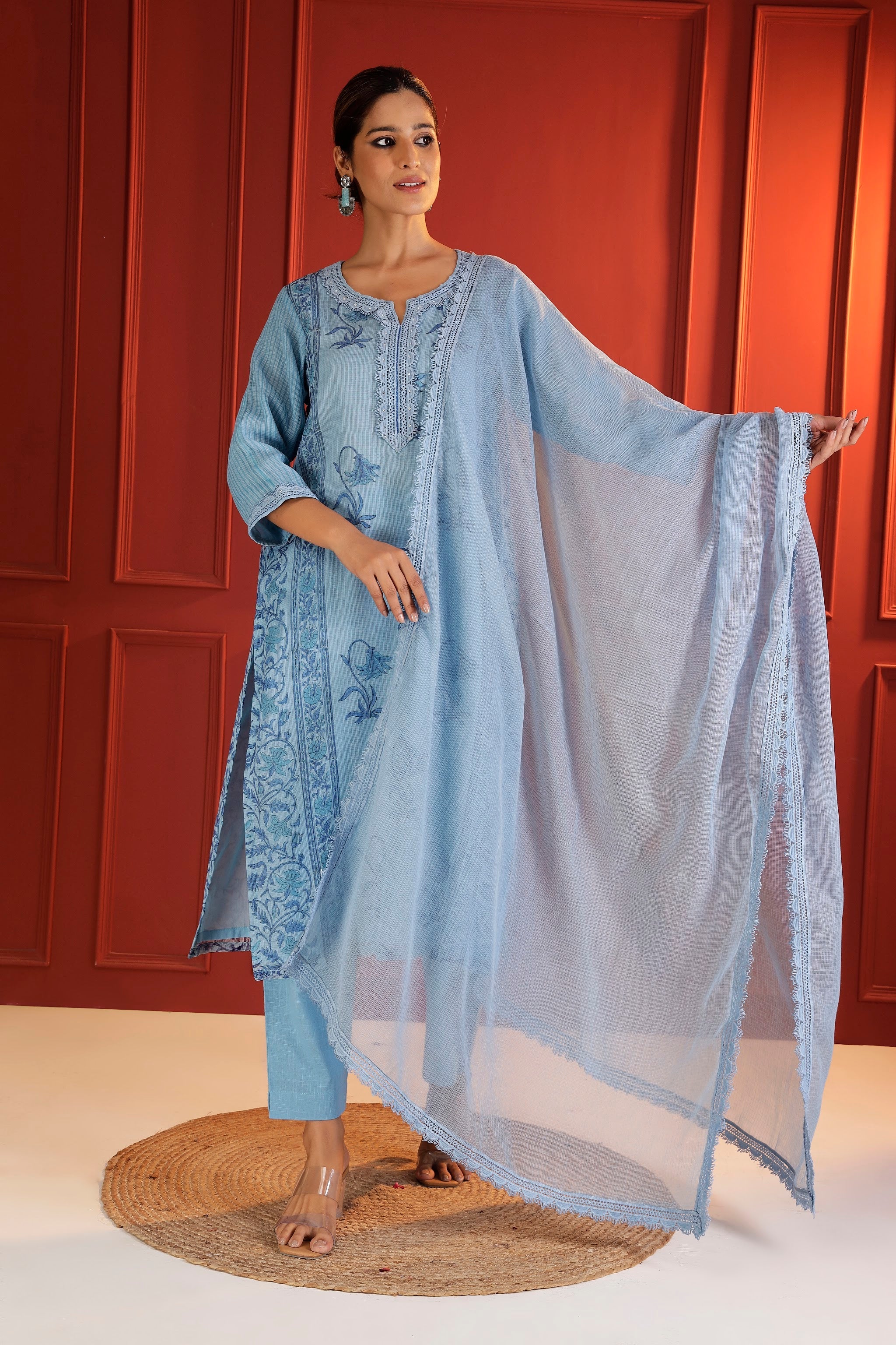 Jaipur Hand-Block Print 3-Piece Suit Set in Powder Blue
