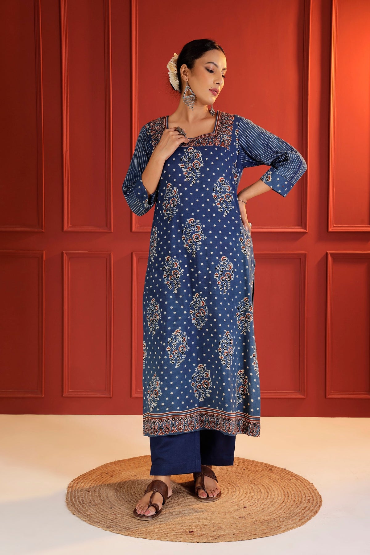 Indigo Ajrakh Placement Print Cotton Kurta with Square Neck