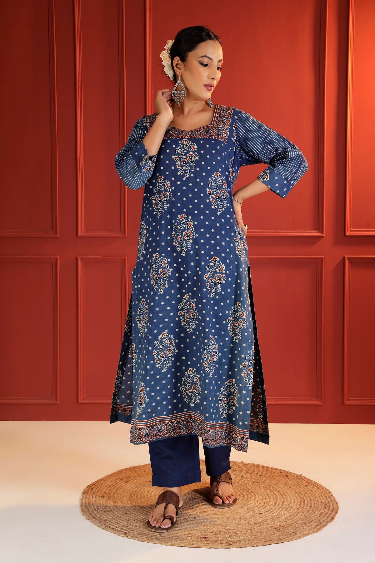 Indigo Ajrakh Placement Print Cotton Kurta with Square Neck