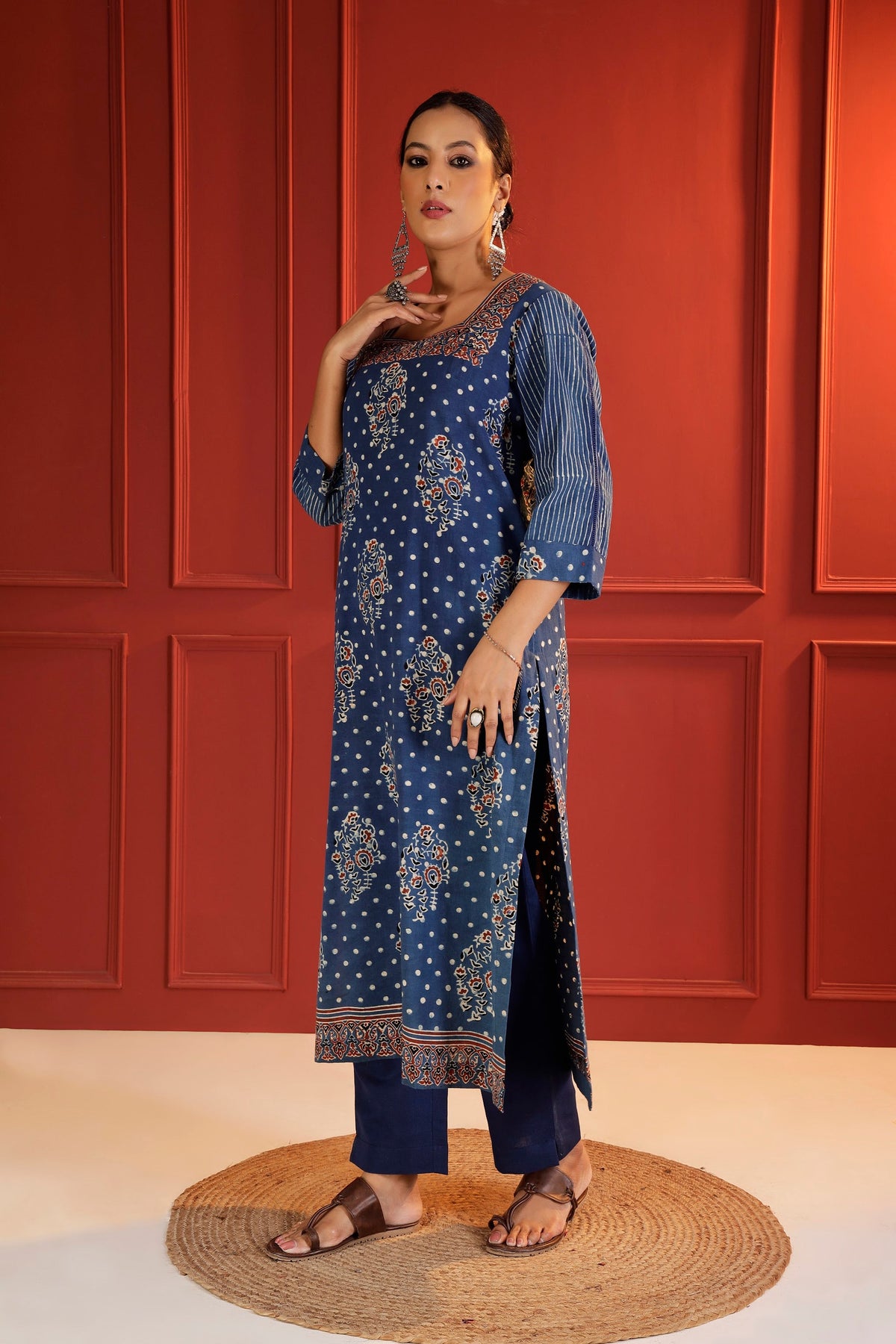 Indigo Ajrakh Placement Print Cotton Kurta with Square Neck
