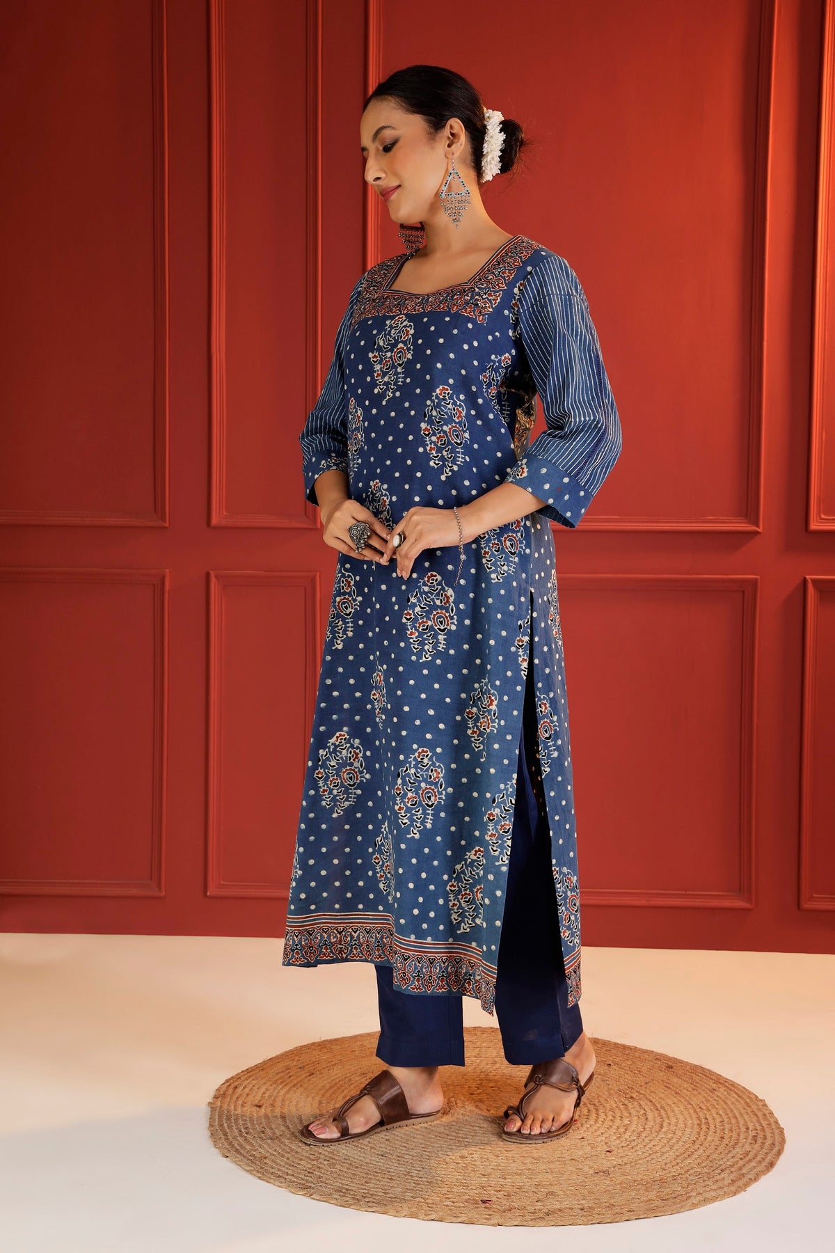 Indigo Ajrakh Placement Print Cotton Kurta with Square Neck