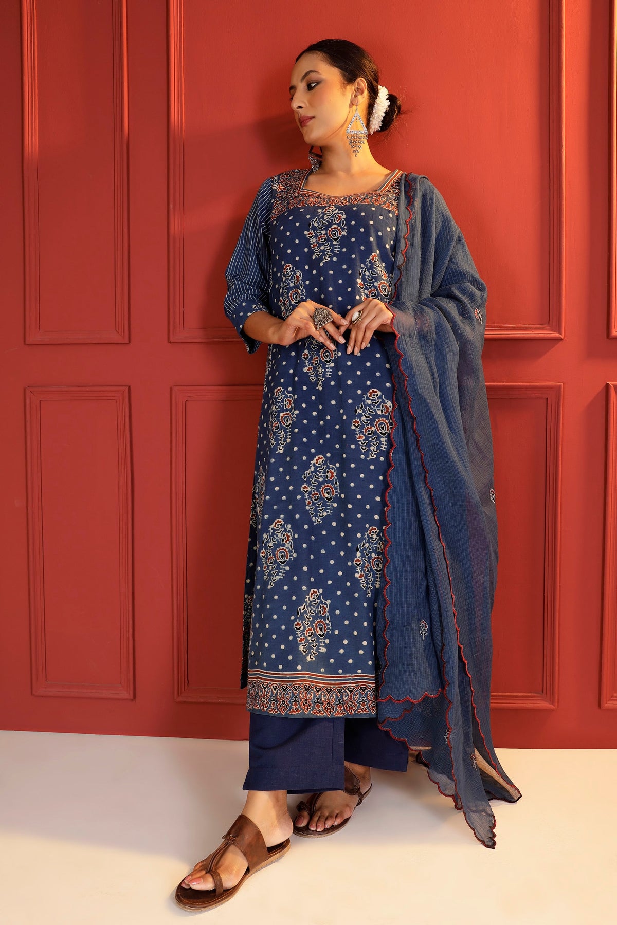 Midnight Indigo Heritage Kurta Set with Embroidered Kota Dupatta