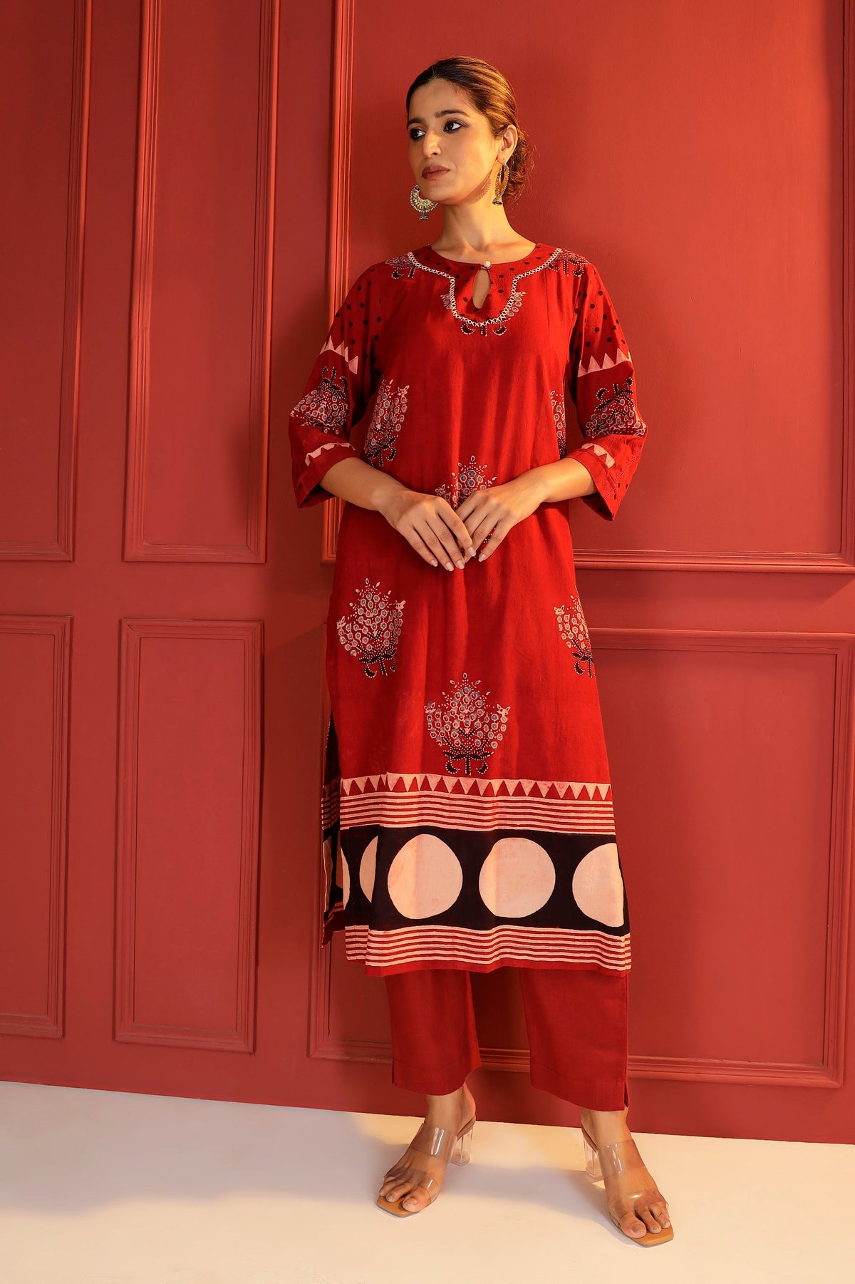 Madder Red Ajrakh Kurta with Hand-Embroidered Keyhole Neck