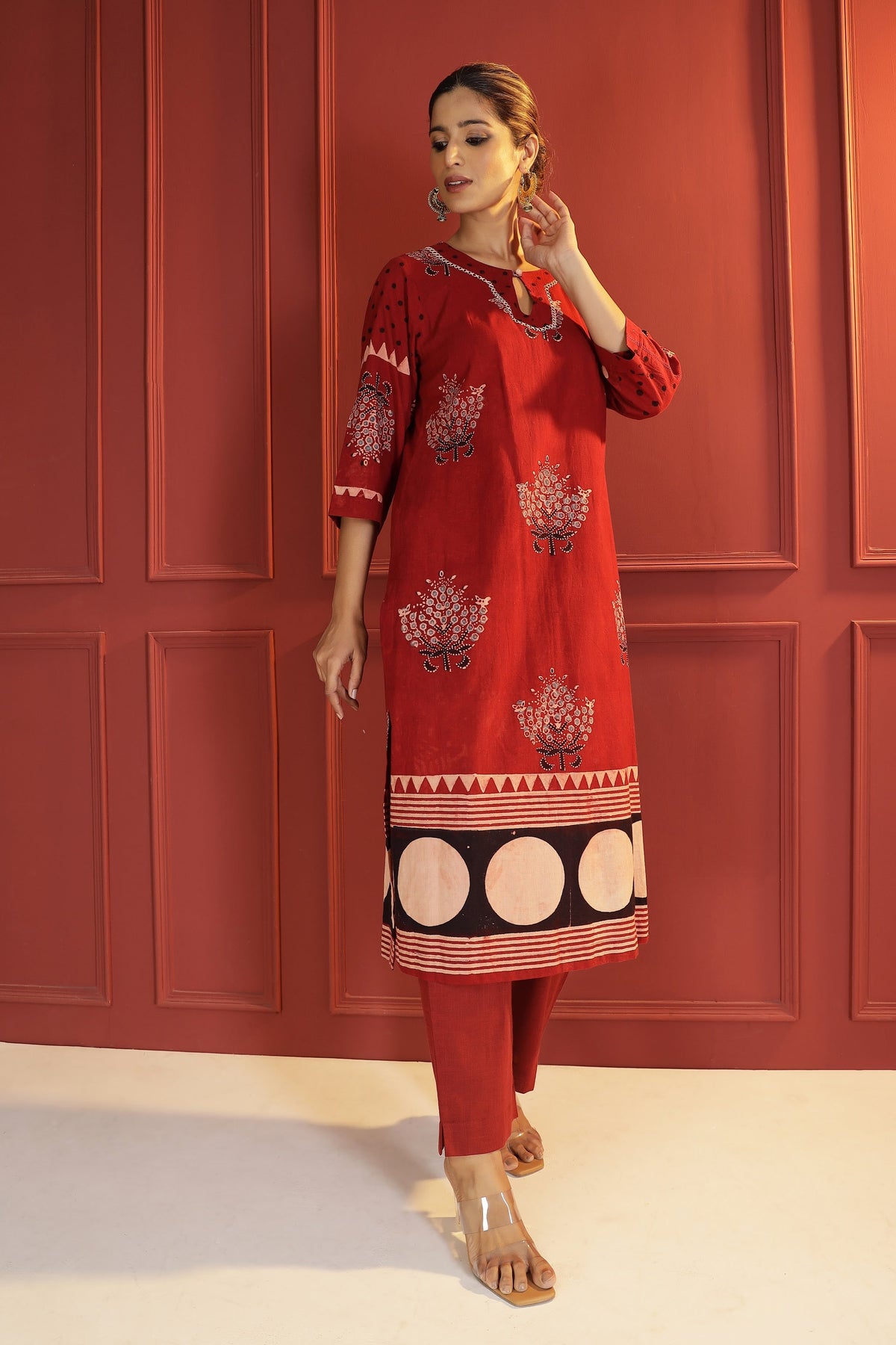 Madder Red Ajrakh Kurta with Hand-Embroidered Keyhole Neck