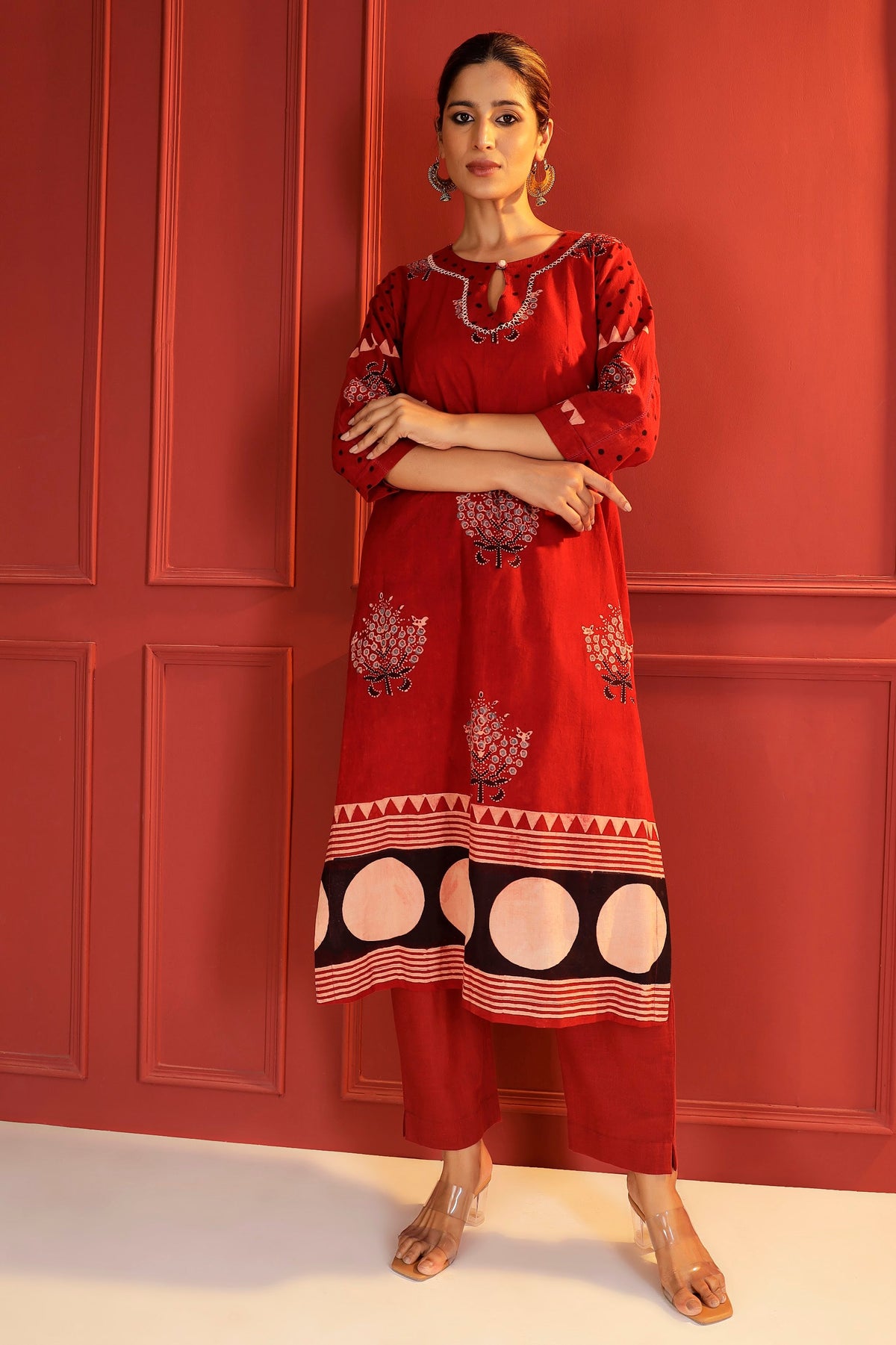 Madder Red Ajrakh Kurta with Hand-Embroidered Keyhole Neck