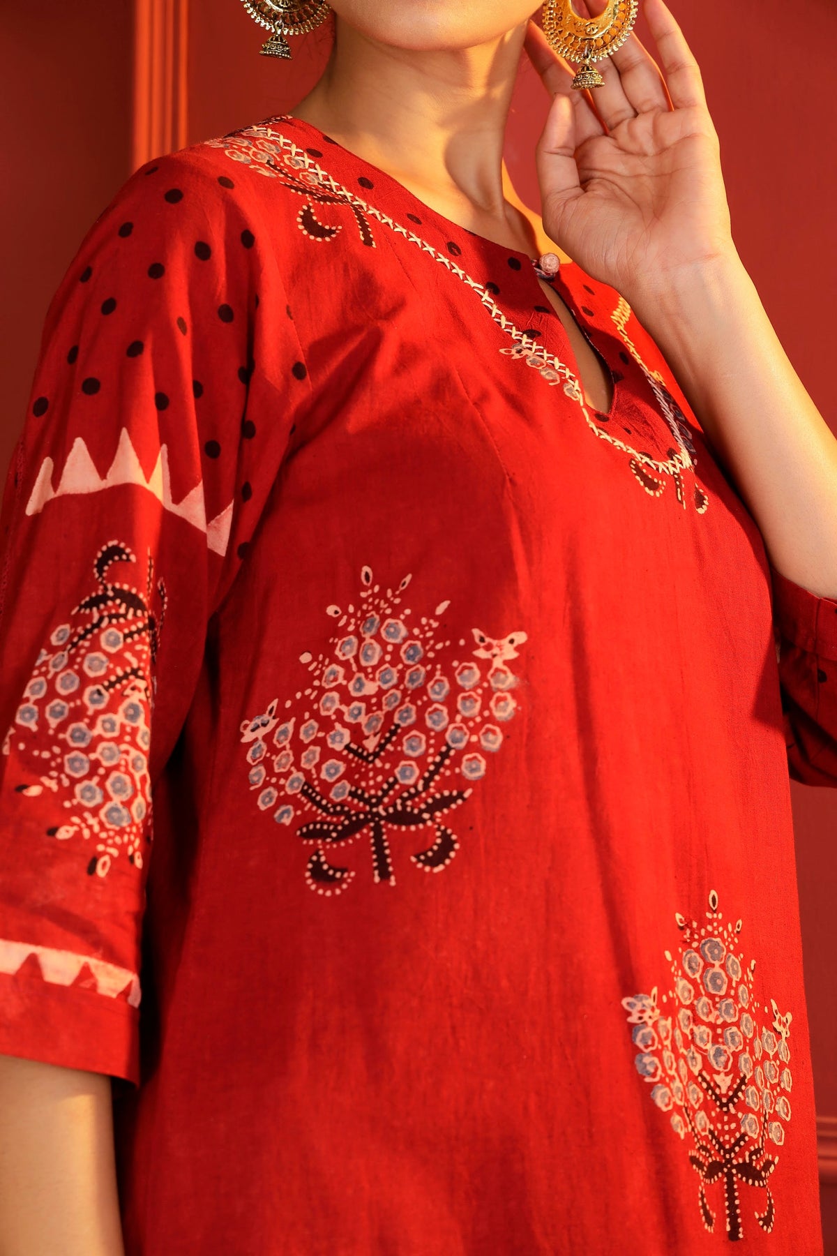 Madder Red Ajrakh Kurta with Hand-Embroidered Keyhole Neck