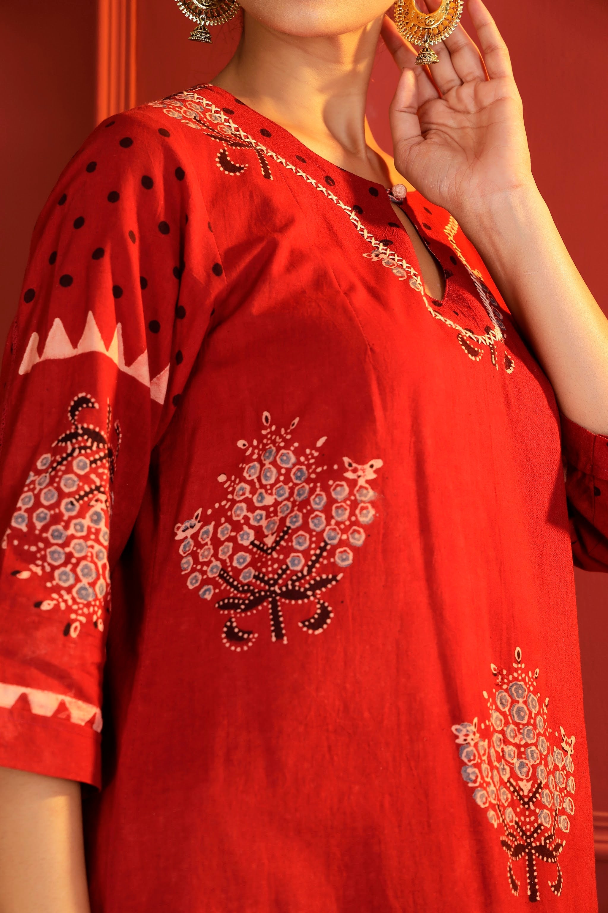 Ajrakh Hand-Block Placement Print 3-Piece Suit Set in Madder Red