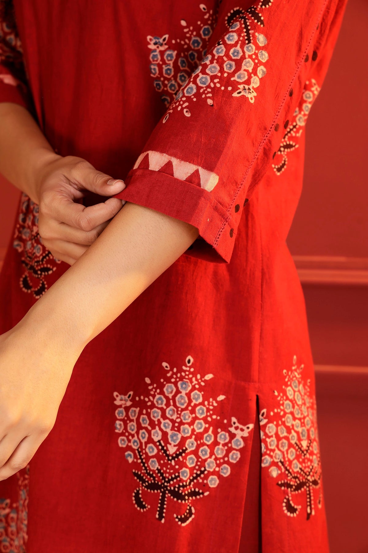 Madder Red Ajrakh Kurta with Hand-Embroidered Keyhole Neck