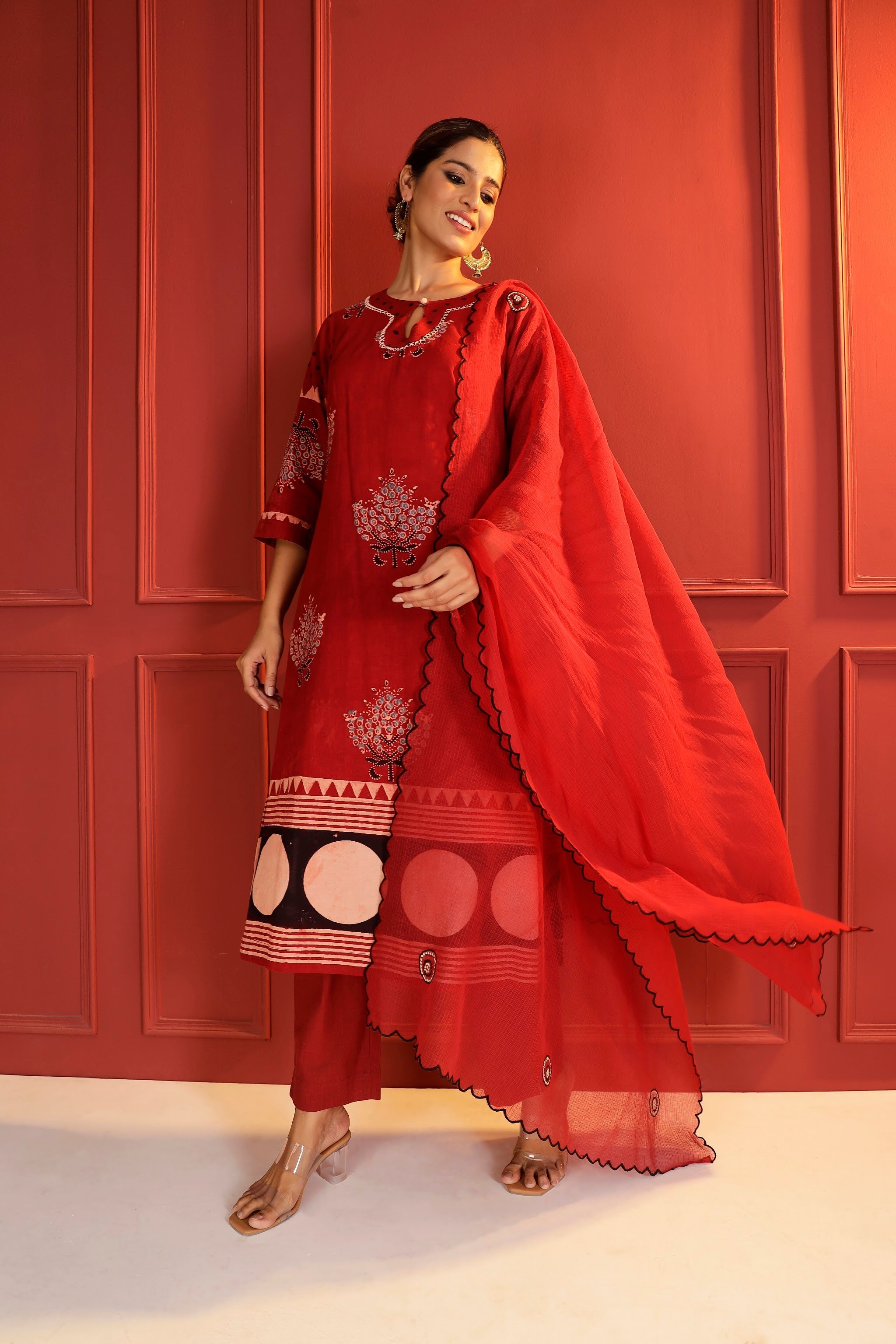 Ajrakh Hand-Block Placement Print 3-Piece Suit Set in Madder Red