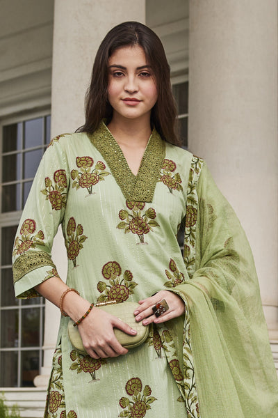 Hand-Blocked Cotton Lurex green Kurta