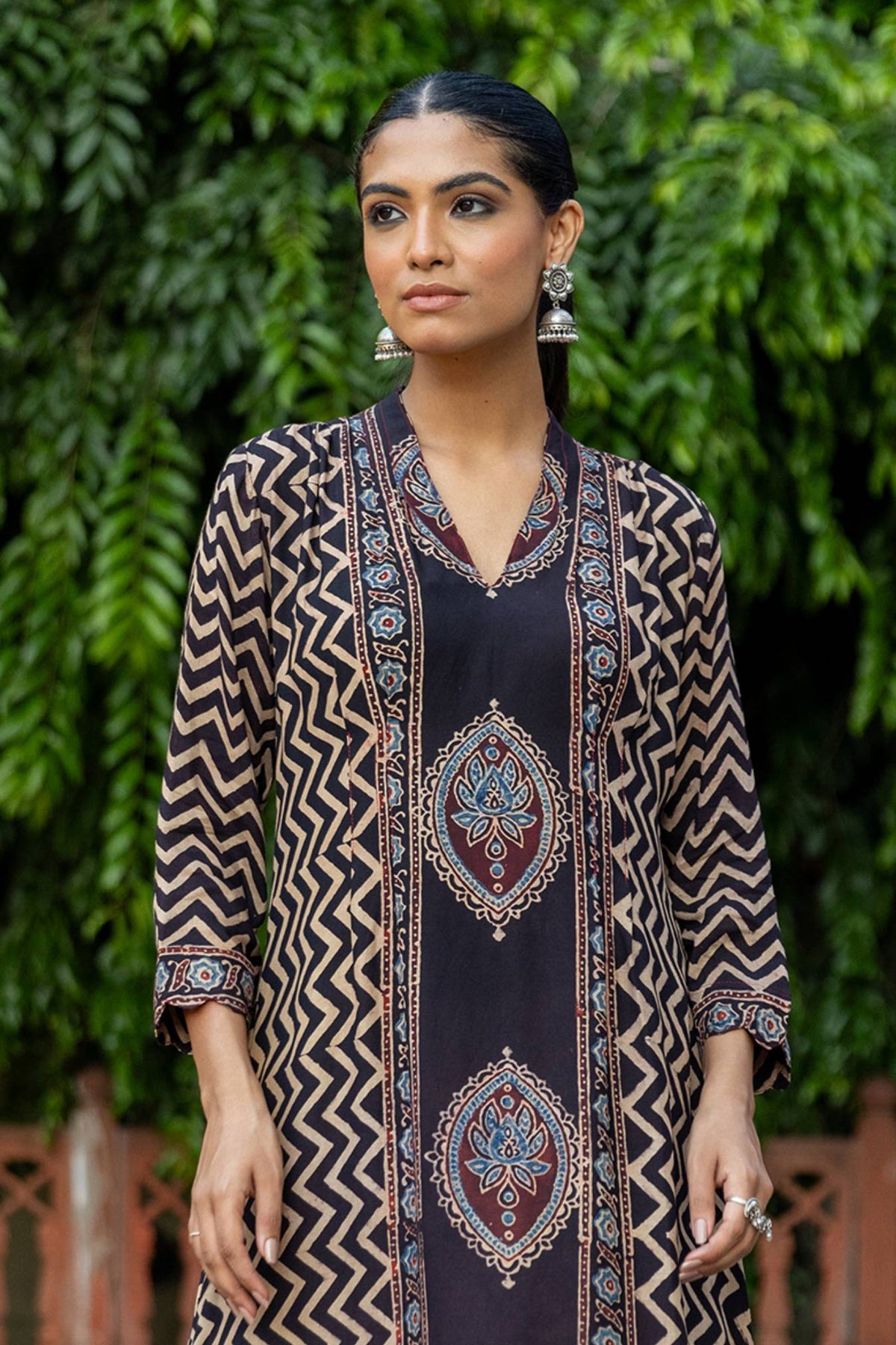 Muslin Dart Dress with Ajrakh Placement Print