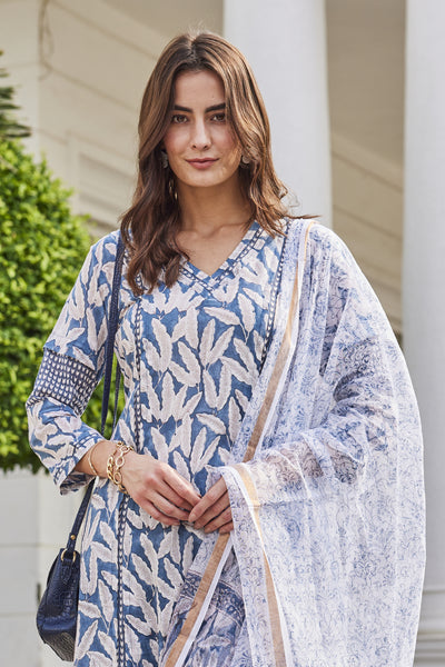 Straight Long Kurta in blue and white