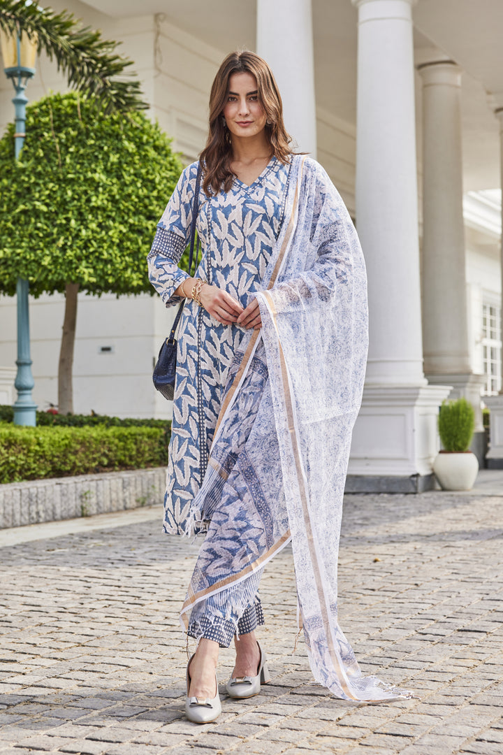 Straight Long Kurta in blue and white hand block print