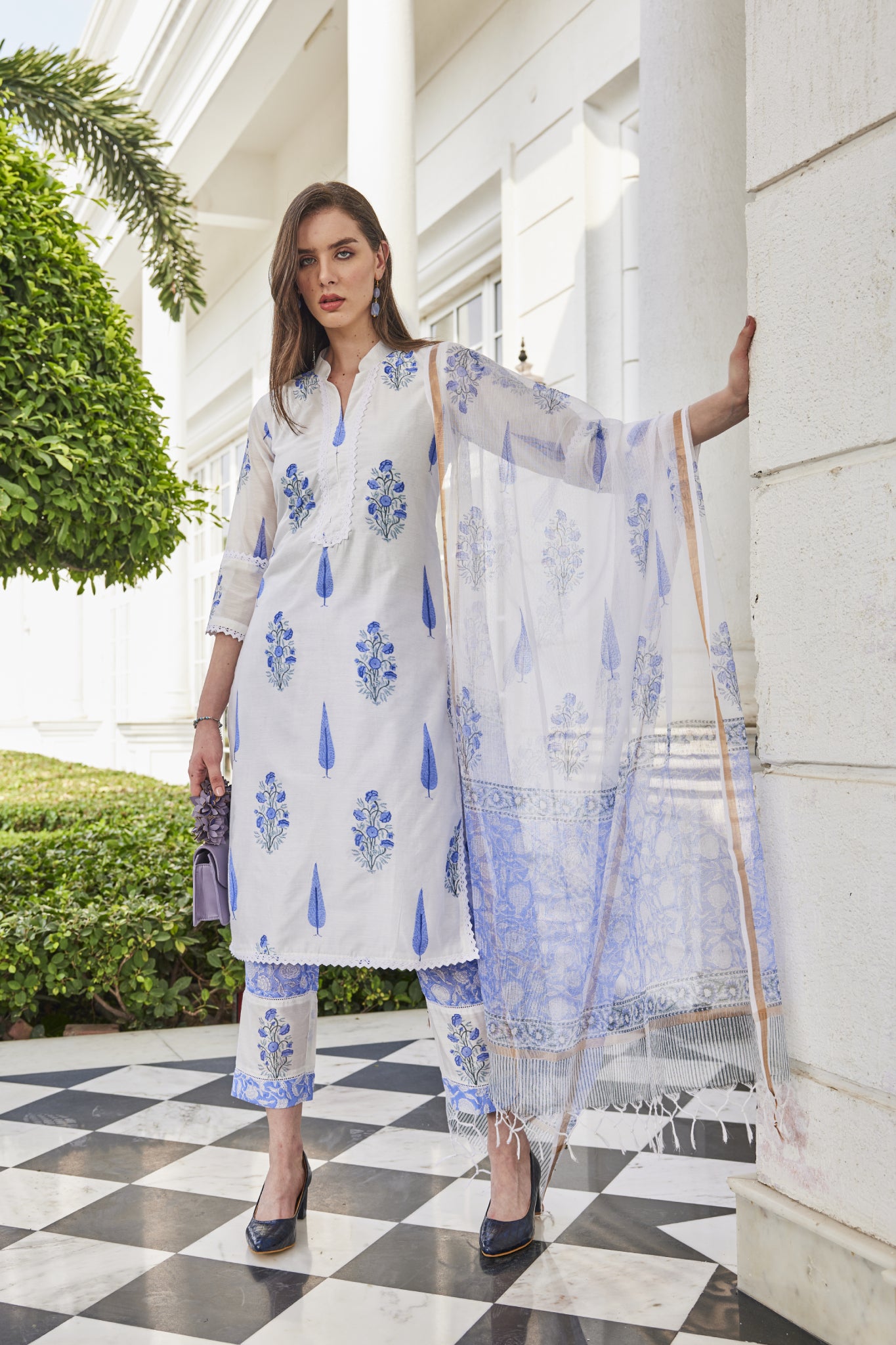 Chanderi Hand-Blocked Print White Cotton Kurta