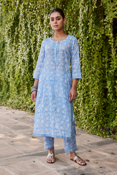 Buy Light Blue Floral Hand Block Print Straight Kurta for Women