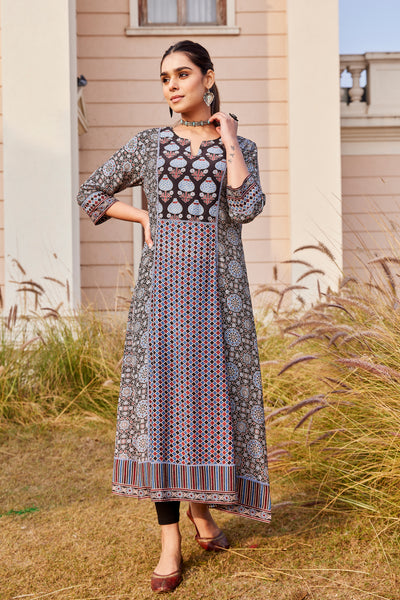 Shop Hand Block Ajrakh Print Long A-Line Designer Kurta Online