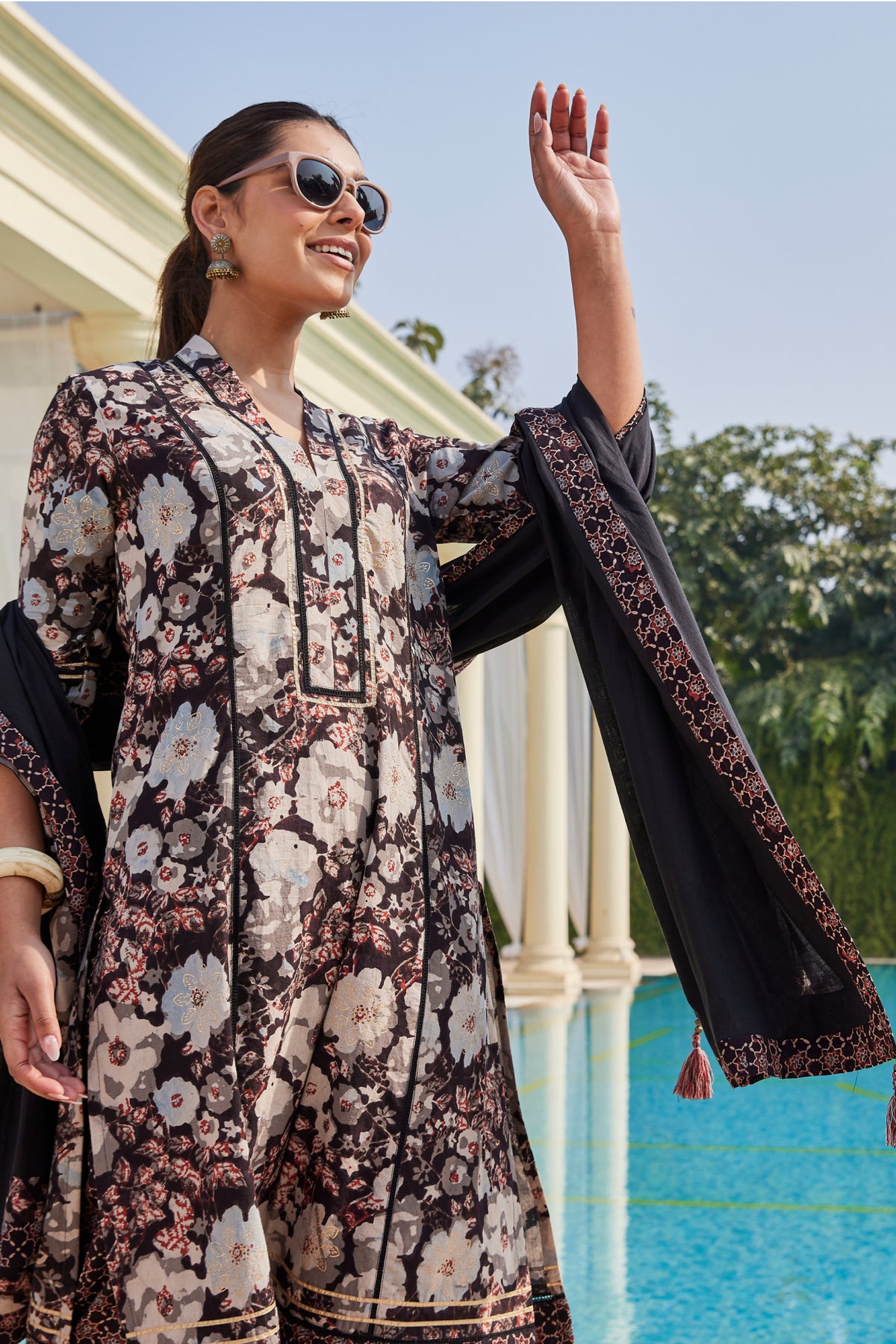 Black Cotton Dupatta With Bagru & Ajrakh Print Border