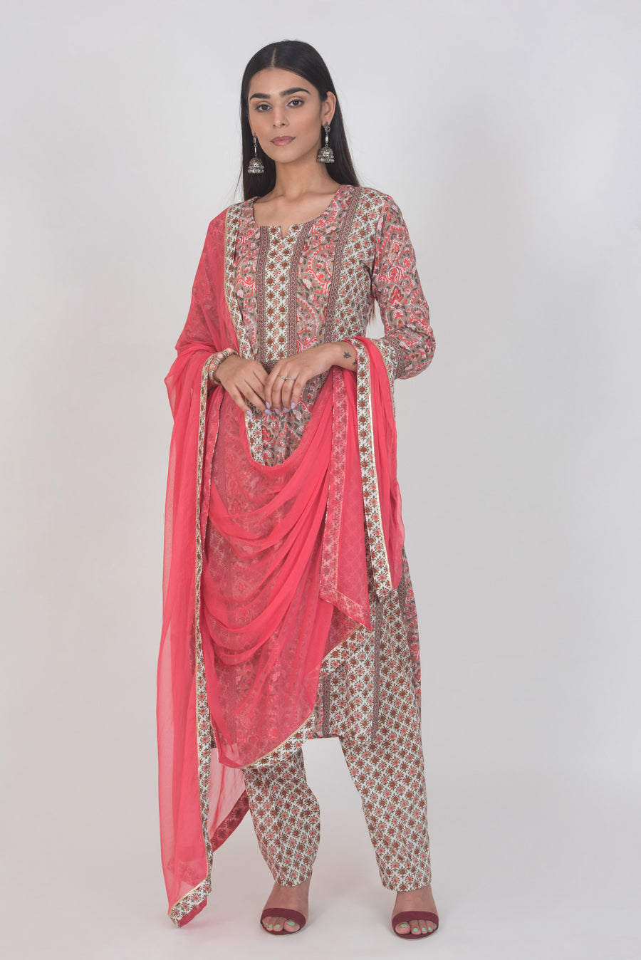 Hot Pink Chiffon Dupatta with Print & Gota Border