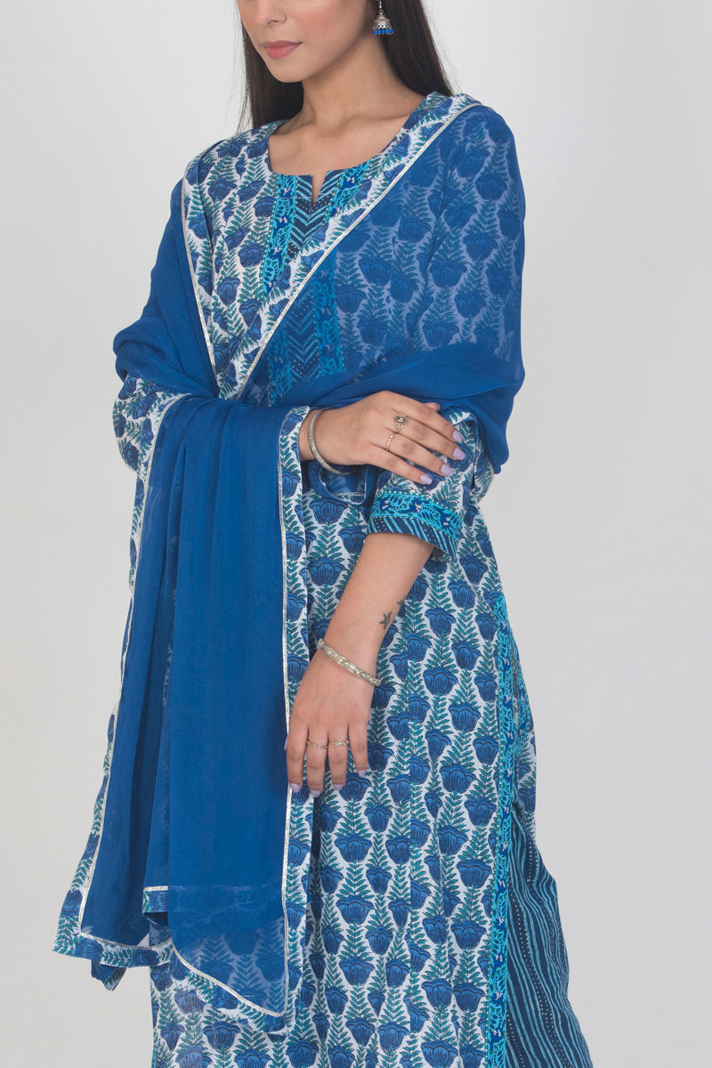 Blue Chiffon Dupatta with Print & Gota Border
