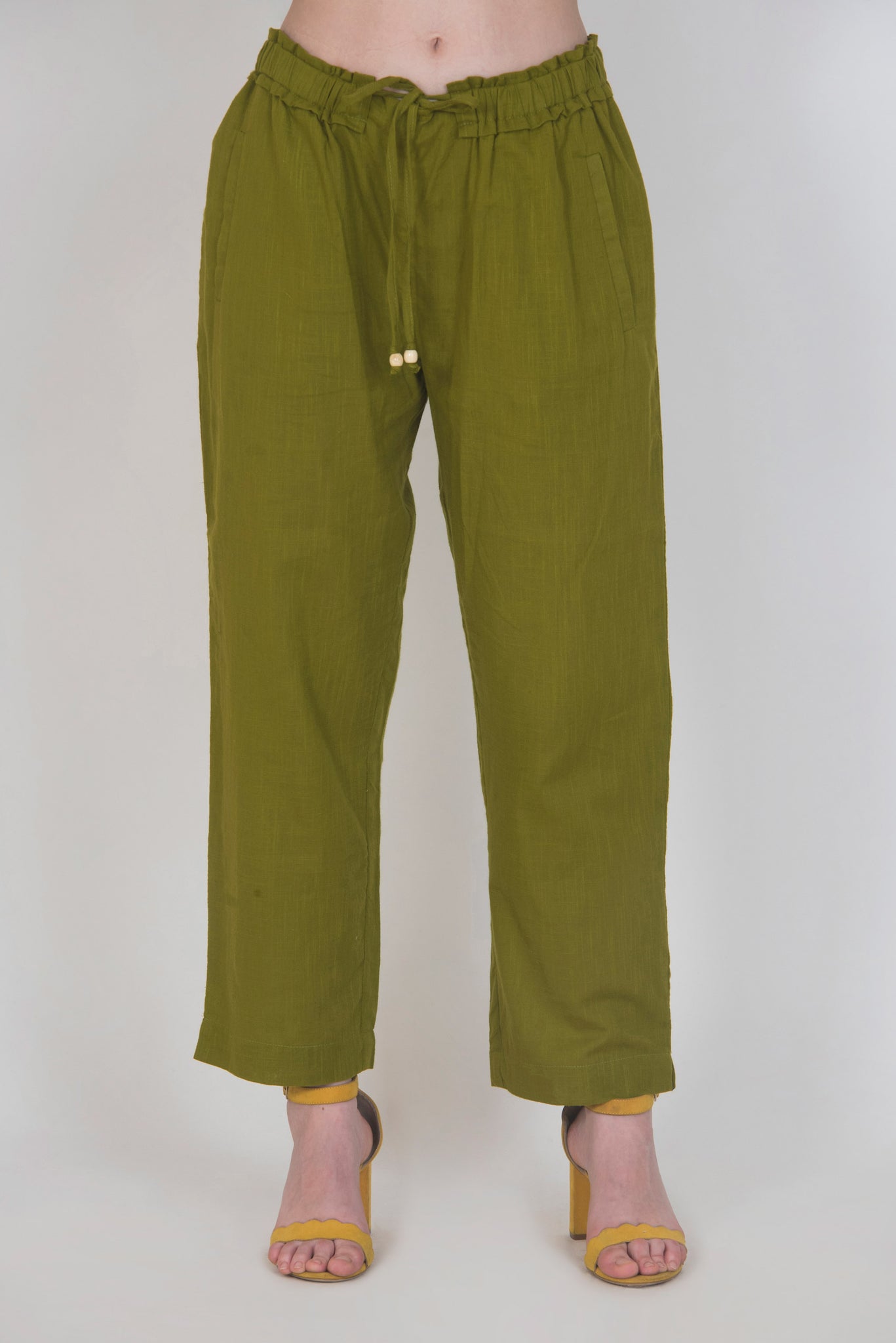 Olive Green Solid Pants with pocket