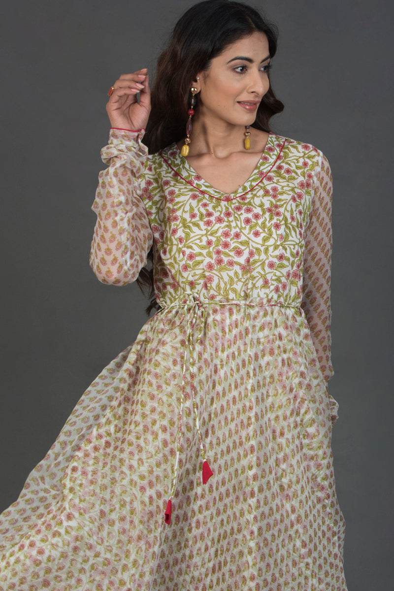 Chiffon-Layered Printed Dress with Dori