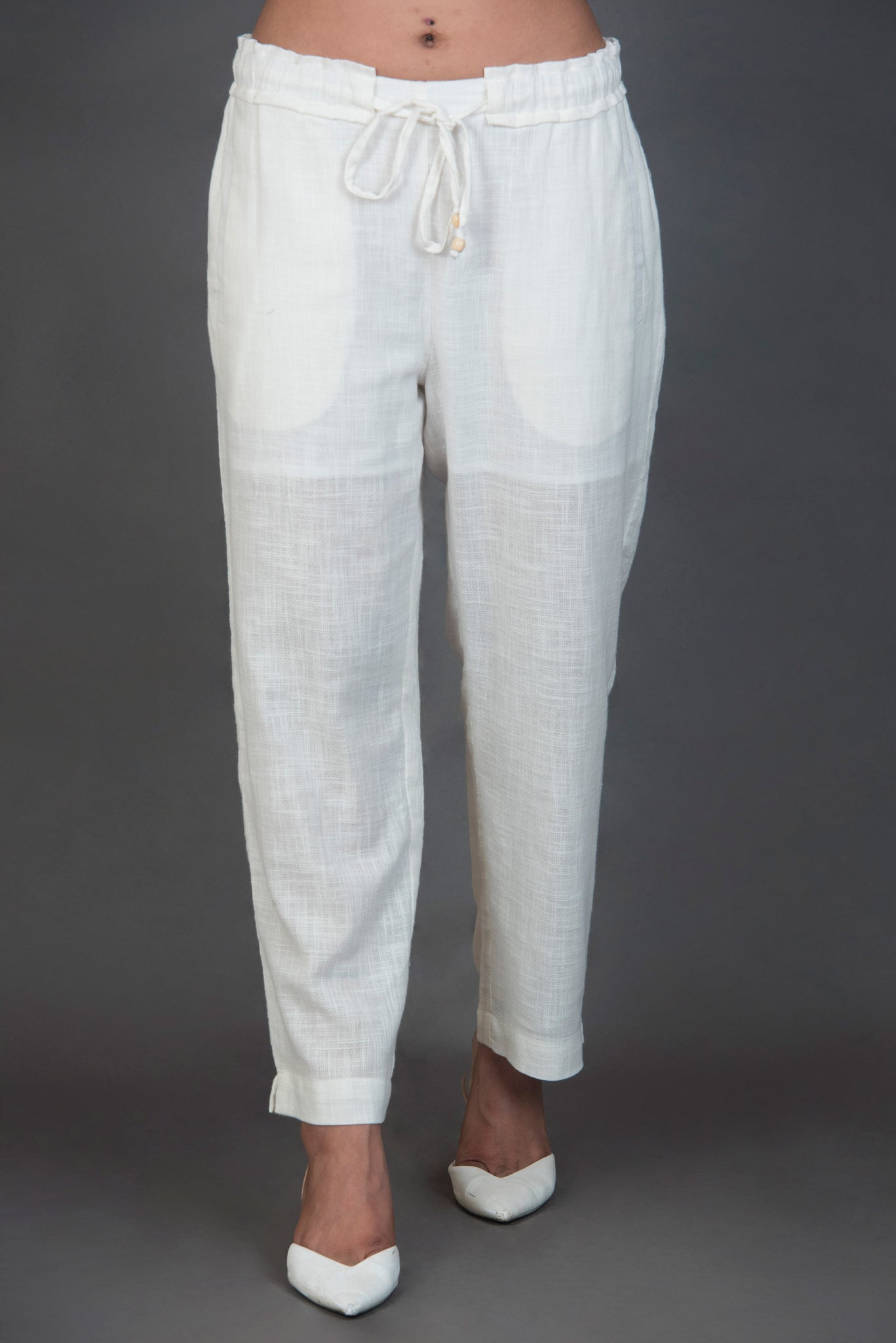 White Solid Pants with pocket