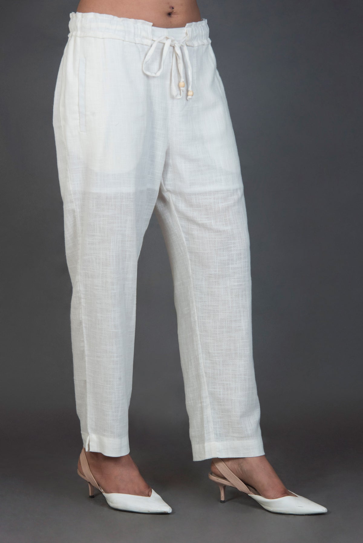 White Solid Pants with pocket