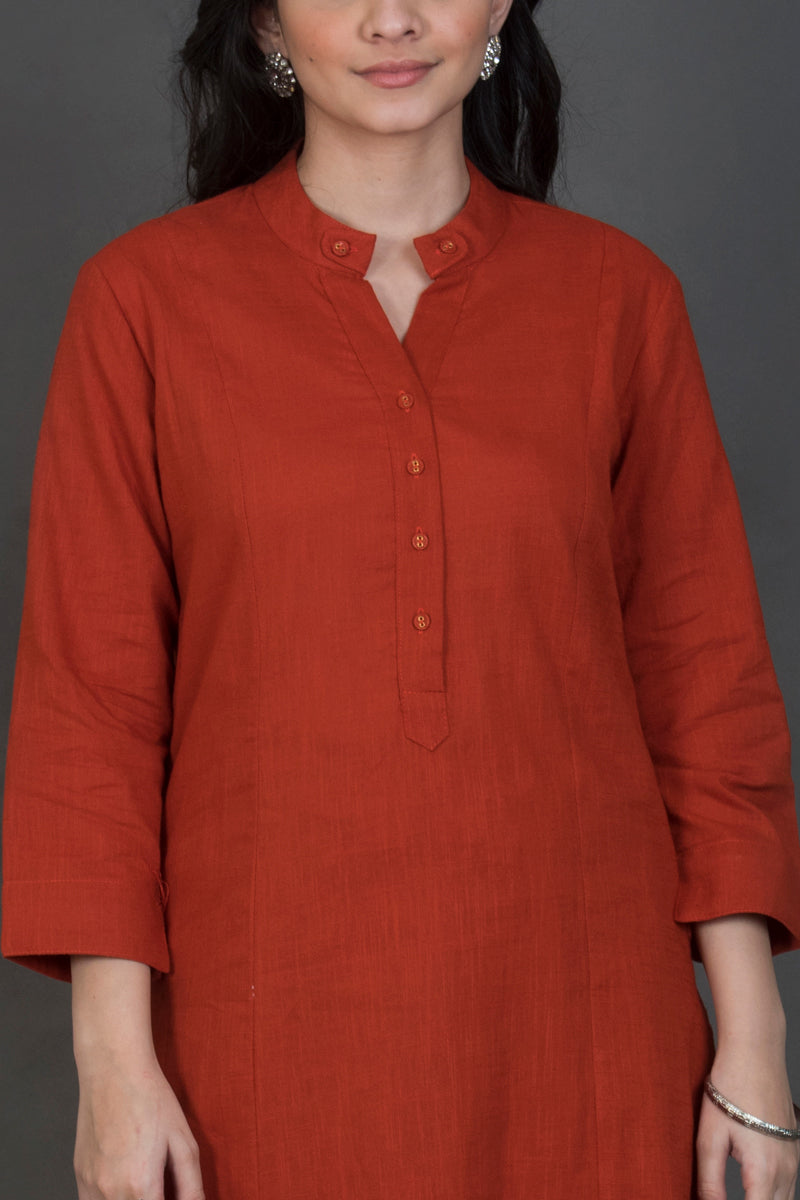 Slub Cotton Solid Kurta Rust
