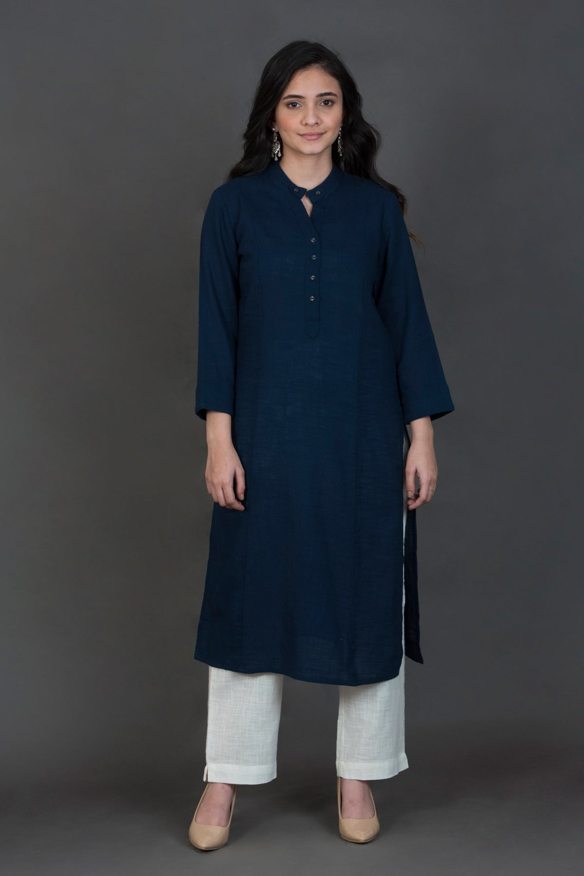 Slub Cotton Solid Kurta Blue