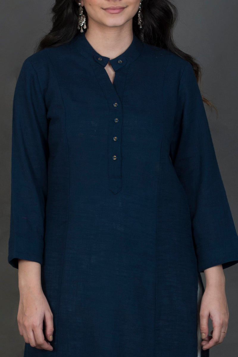 Slub Cotton Solid Kurta Blue