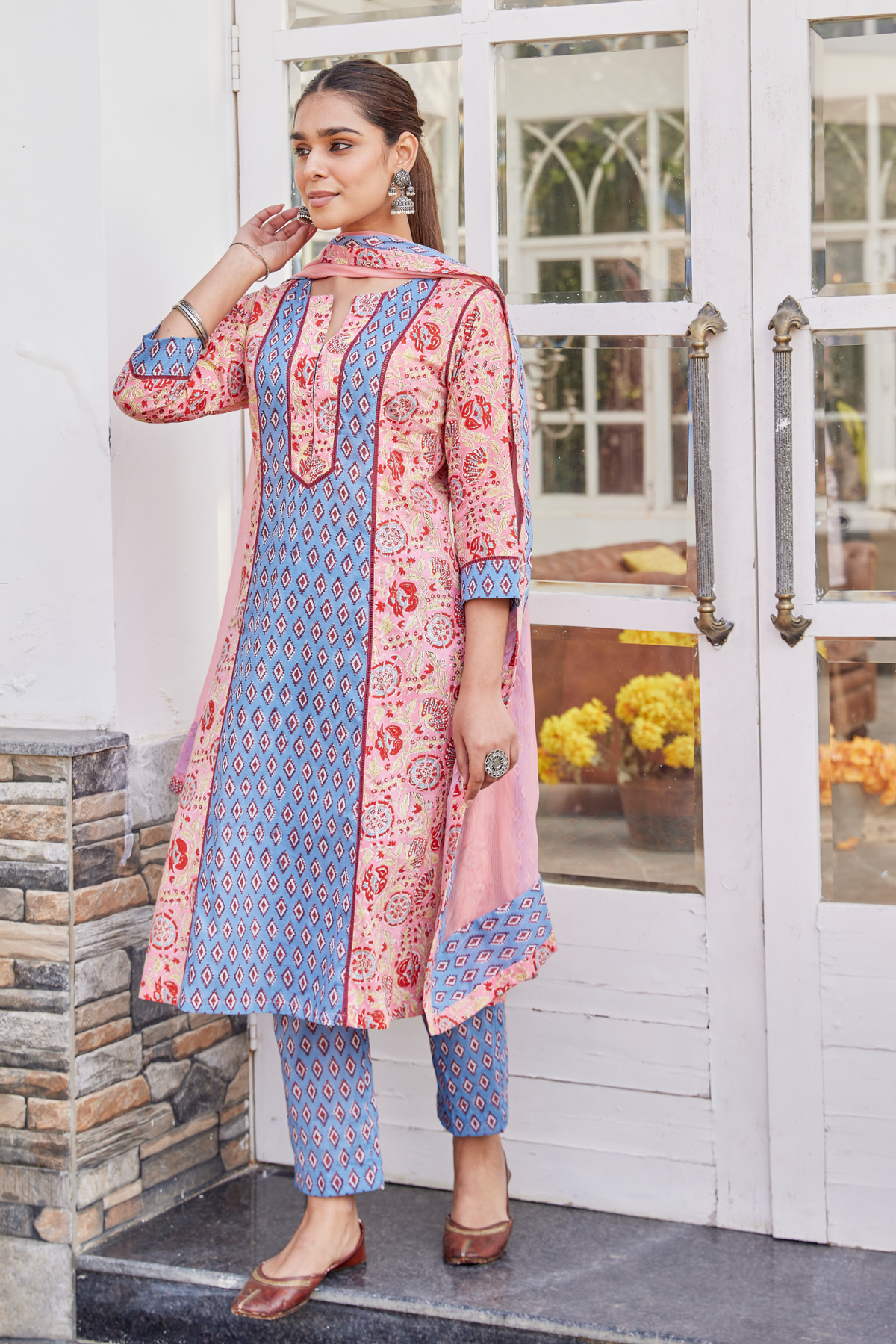 Get Dual-Toned Geometric Hand Block Printed Long Kurta Online