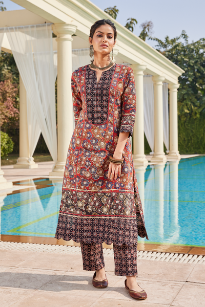 Buy Ajrakh & Bagru Print Long Straight Kurta for Women | Vishnu