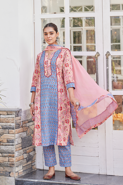 Buy Dual-Toned Geometric Hand Block Print Long Kurta Online