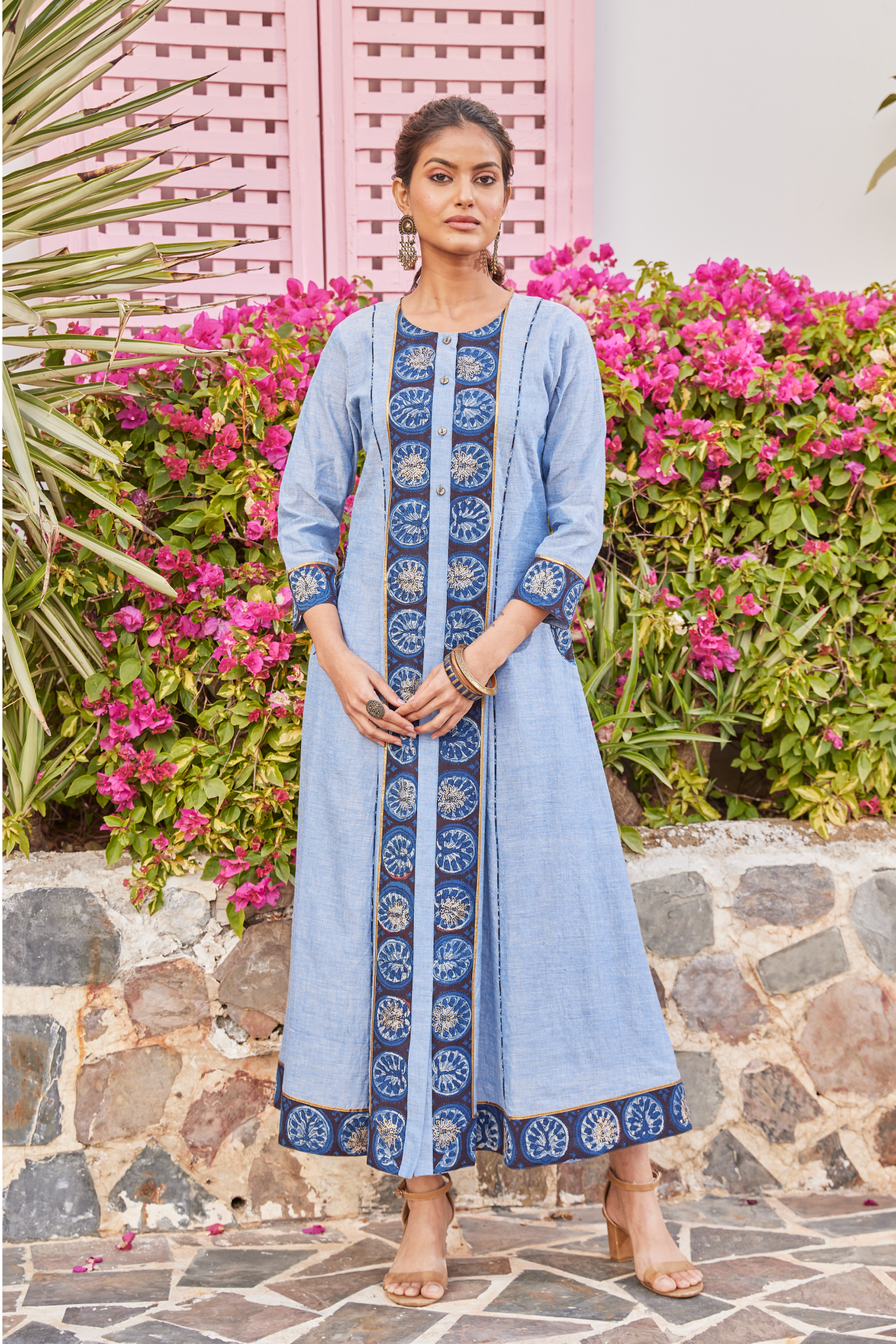 Blue Handwoven Cotton Kurta-Dress With Pockets