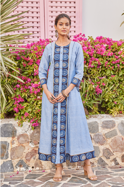 Buy Blue Handwoven Designer Cotton Kurta-Dress Online | Vishnu