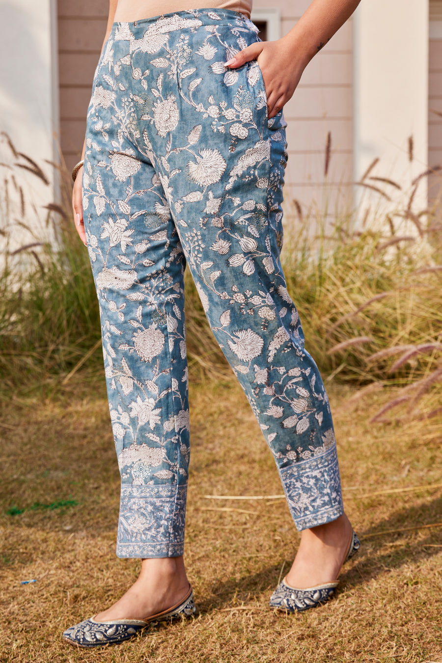 Turquoise Sanganeri Hand Block Print Ethnic Pants With Pockets