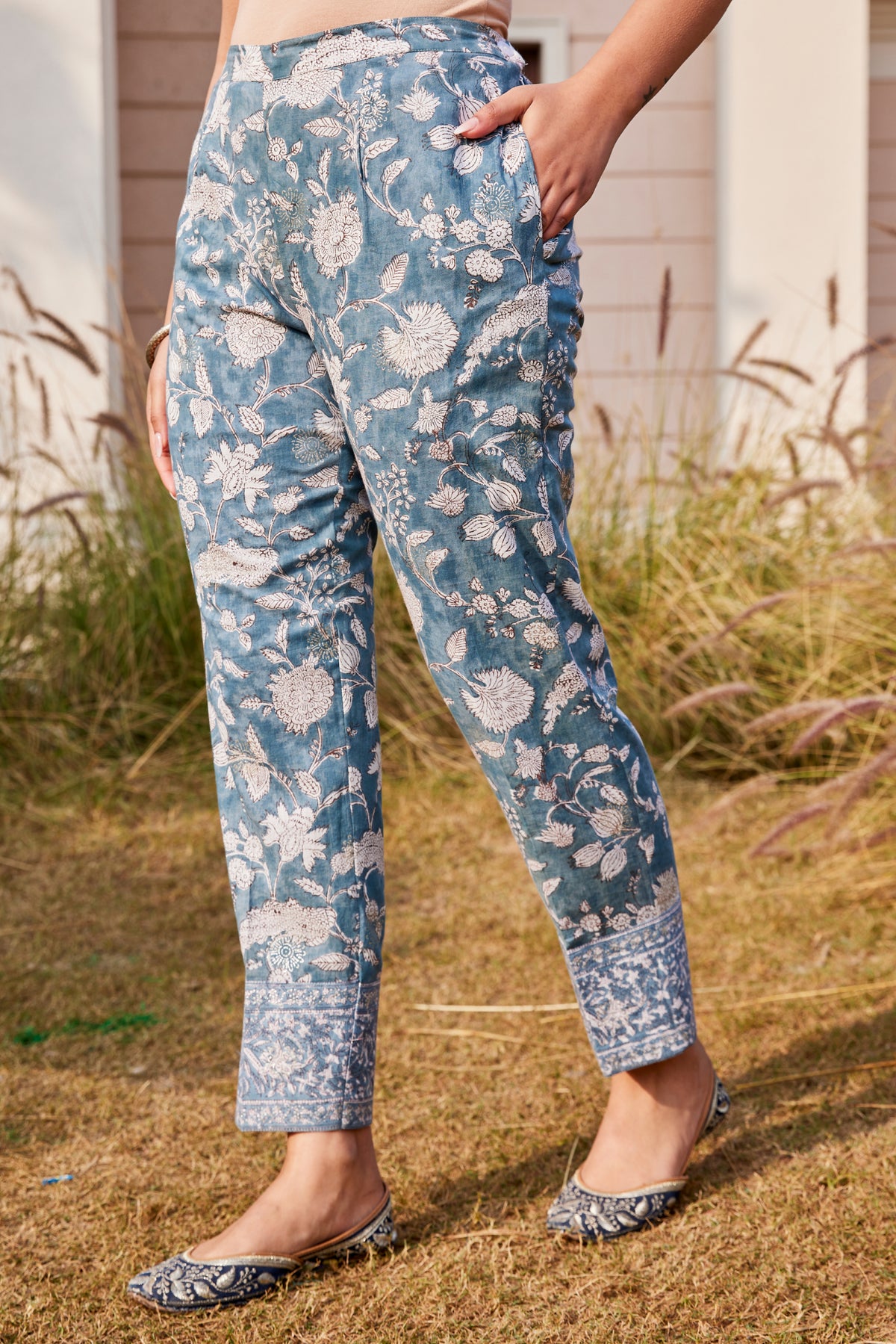 Turquoise Sanganeri Hand Block Print Ethnic Pants With Pockets