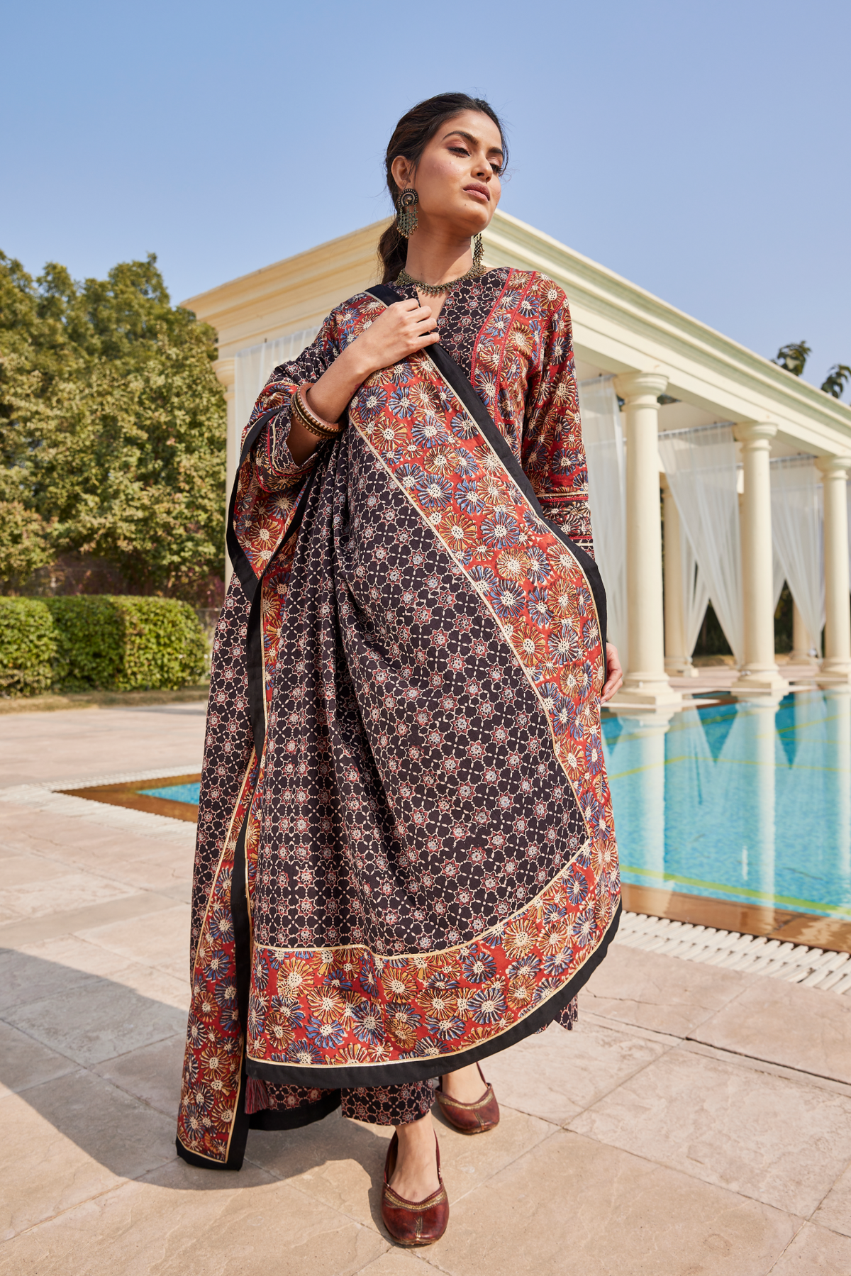 Ajrakh & Bagru Hand Printed Black Dupatta