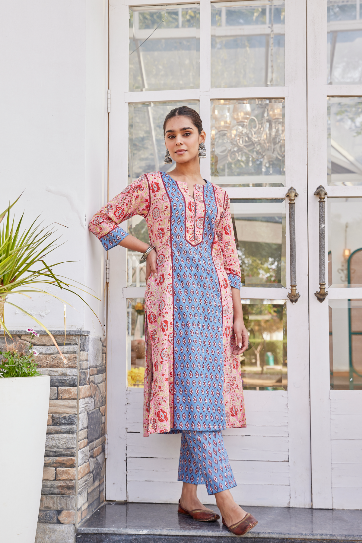 Buy Dual-Toned Geometric Hand Block Print Long Kurta Online for Women