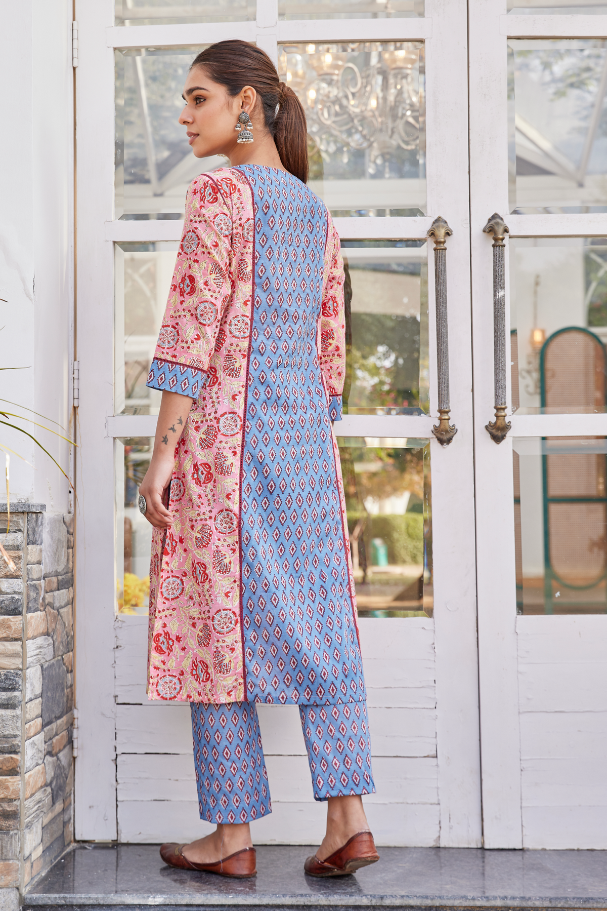 Shop Dual-Toned Geometric Hand Block Print Long Kurta Online
