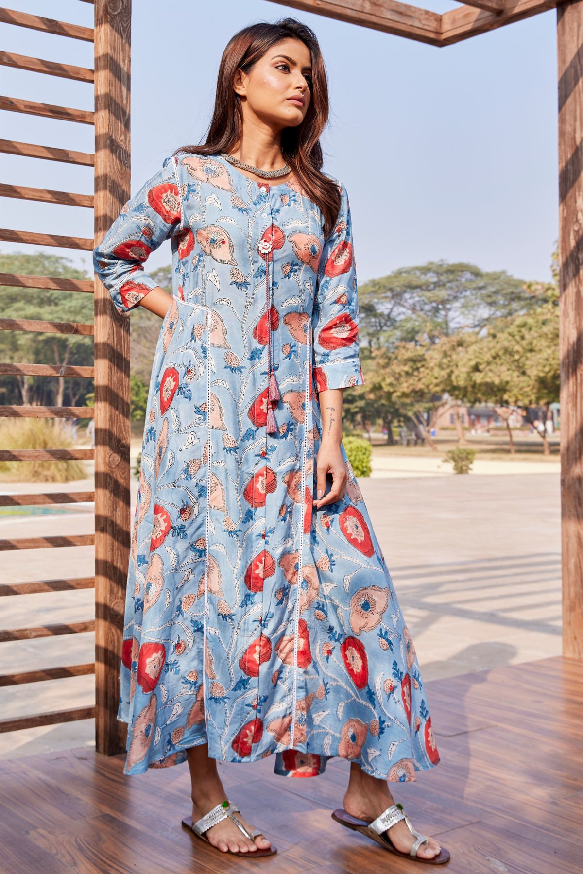 Sanganeri Hand Blocked Floral Asymmetrical Dress