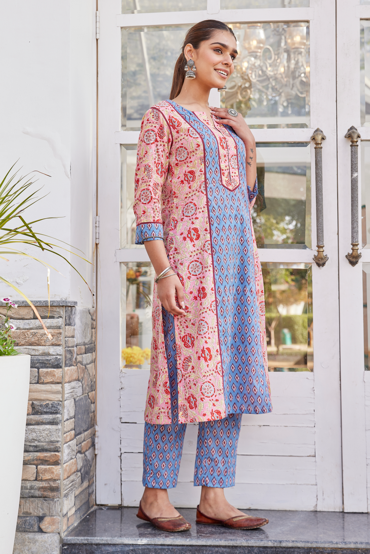 Get Dual-Toned Geometric Hand Block Print Long Kurta Online