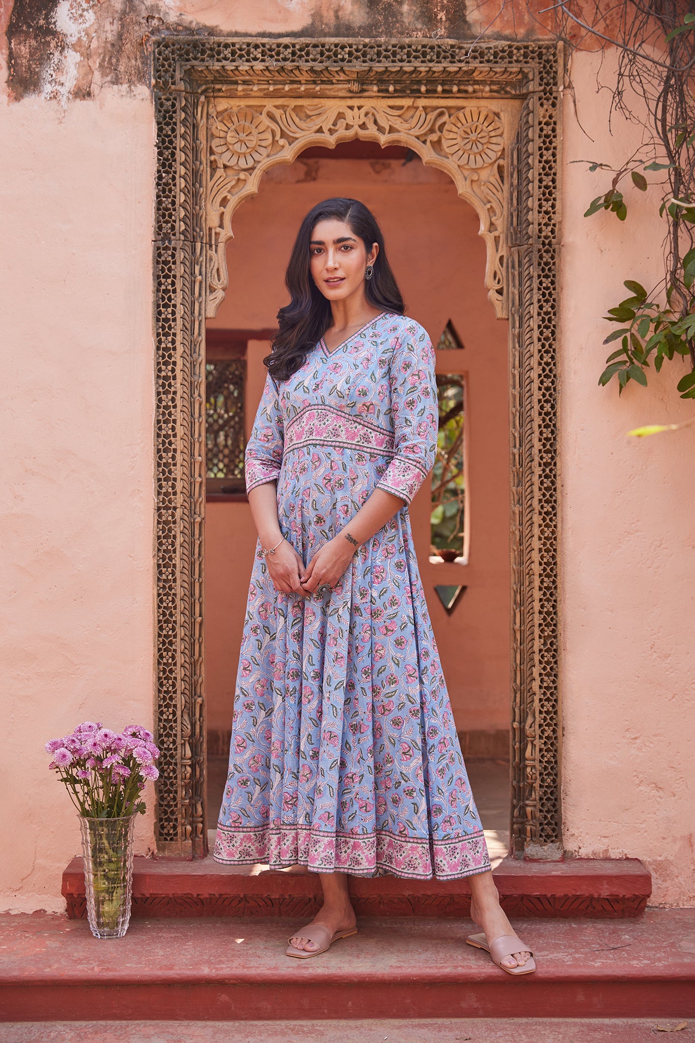 Hand Block Sanganeri Floral Printed Maxi Dress