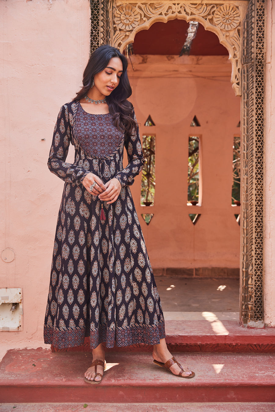 Hand Blocked Ajrakh Printed Black Anarkali Dress