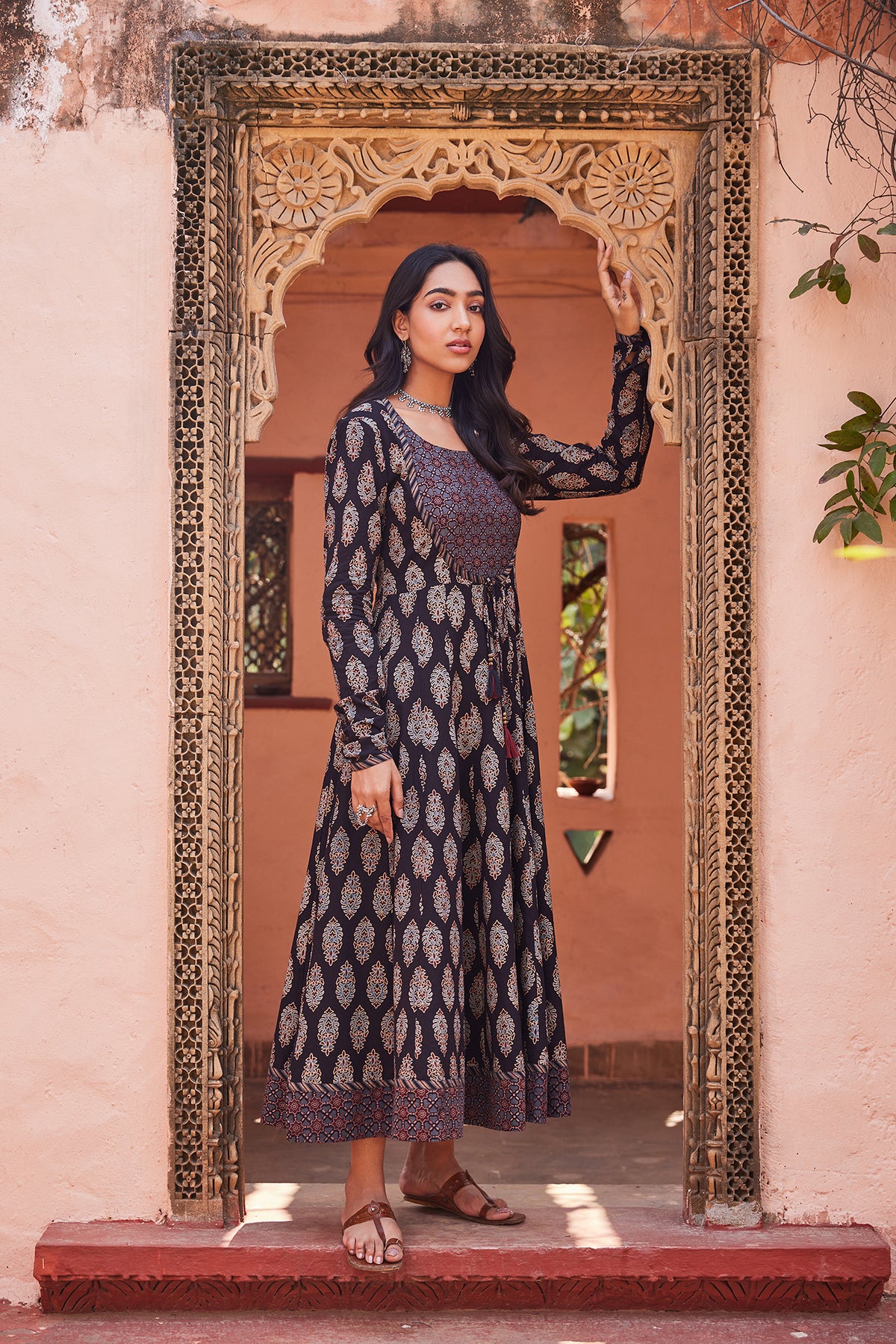Hand Blocked Ajrakh Printed Black Anarkali Dress