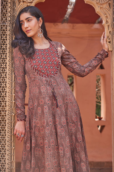 Hand Blocked Ajrakh Printed Light Brown Anarkali Dress