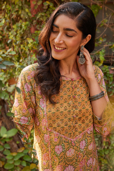 Mustard Block Printed Straight Kurta With Pink Butti