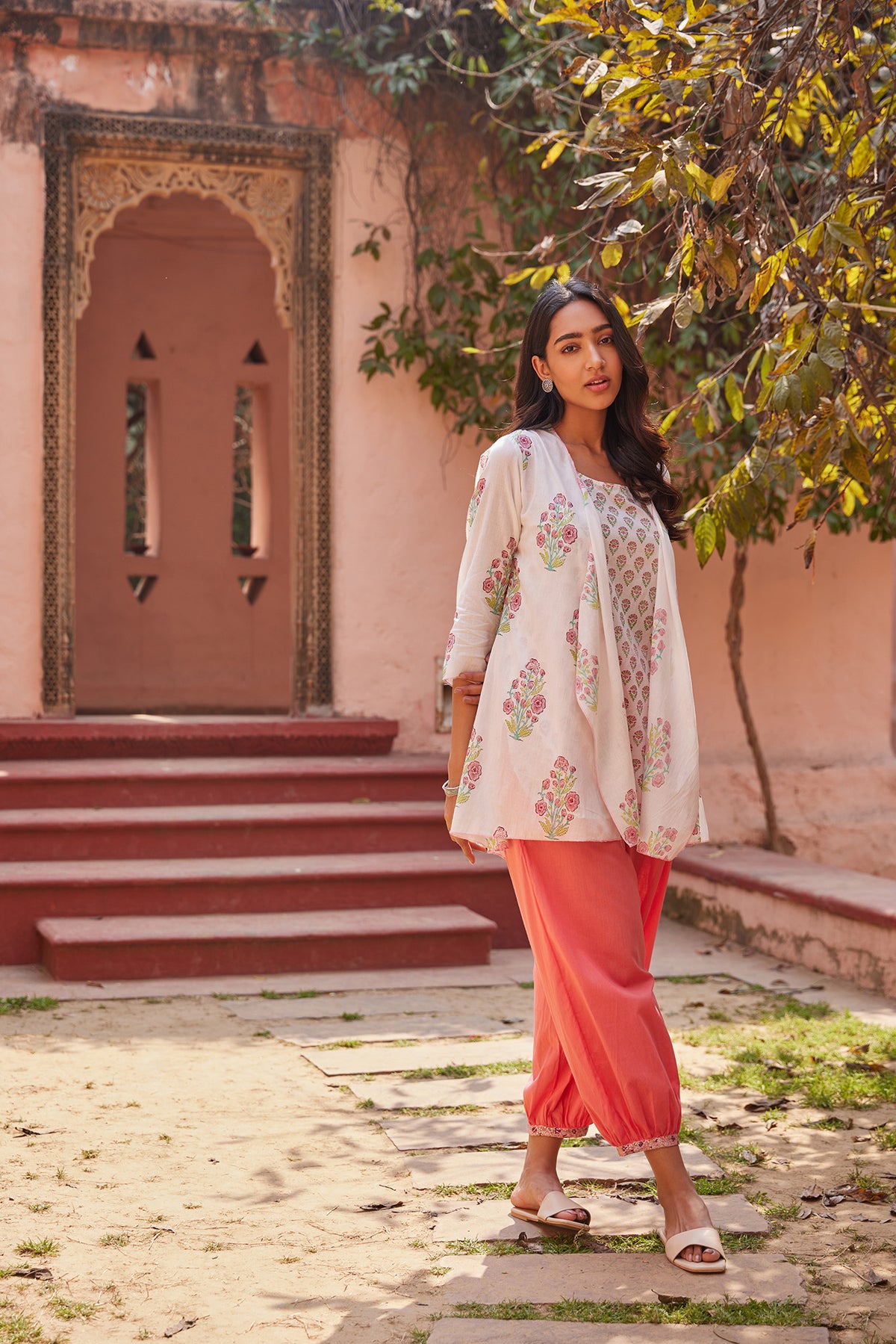 Multi-way 3 piece hand blocked salwar kurti set with shrug