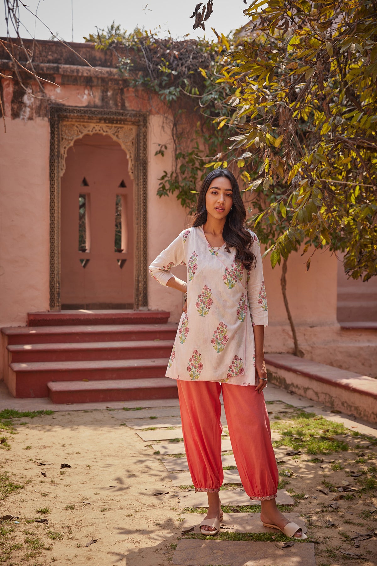 Multi-way 3 piece hand blocked salwar kurti set with shrug