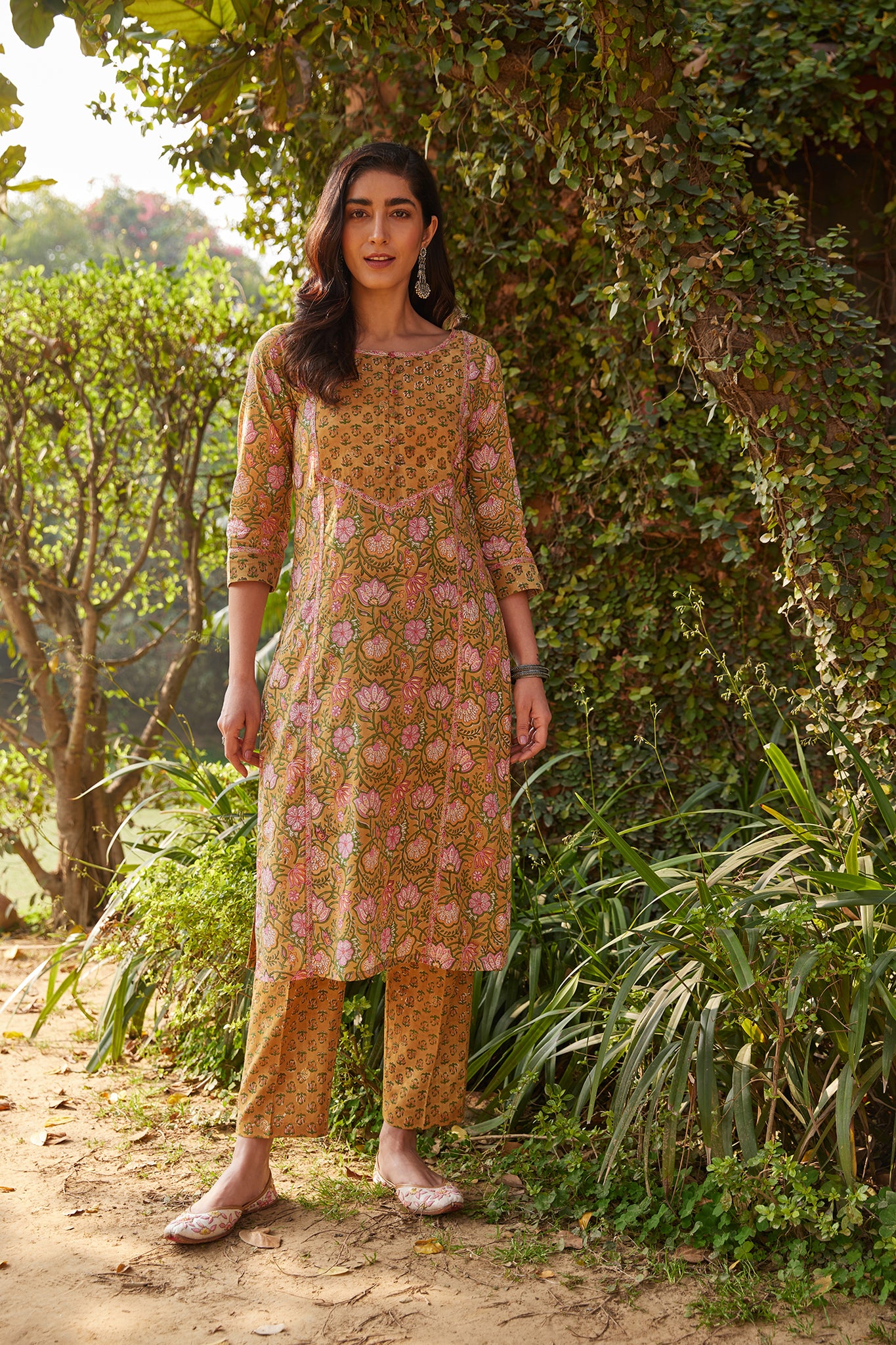 Mustard Block Printed Straight Kurta With Pink Butti